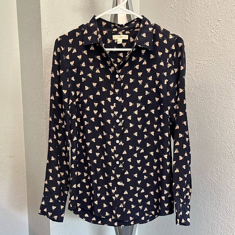 J. Crew French Hen Print Button Down Blouse